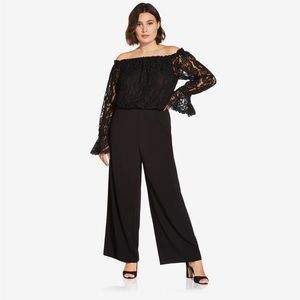 PLUS SIZE BLACK OFF THE SHOULDER CREPE JUMPSUIT WITH LACE BODICE IN BLACK